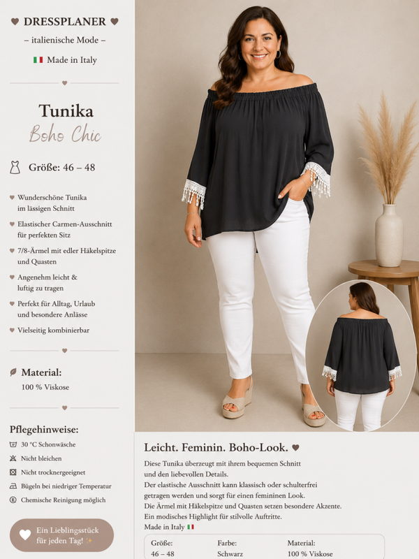 Tunika „Boho Elegance“ – Schwarz in Größe 46-48