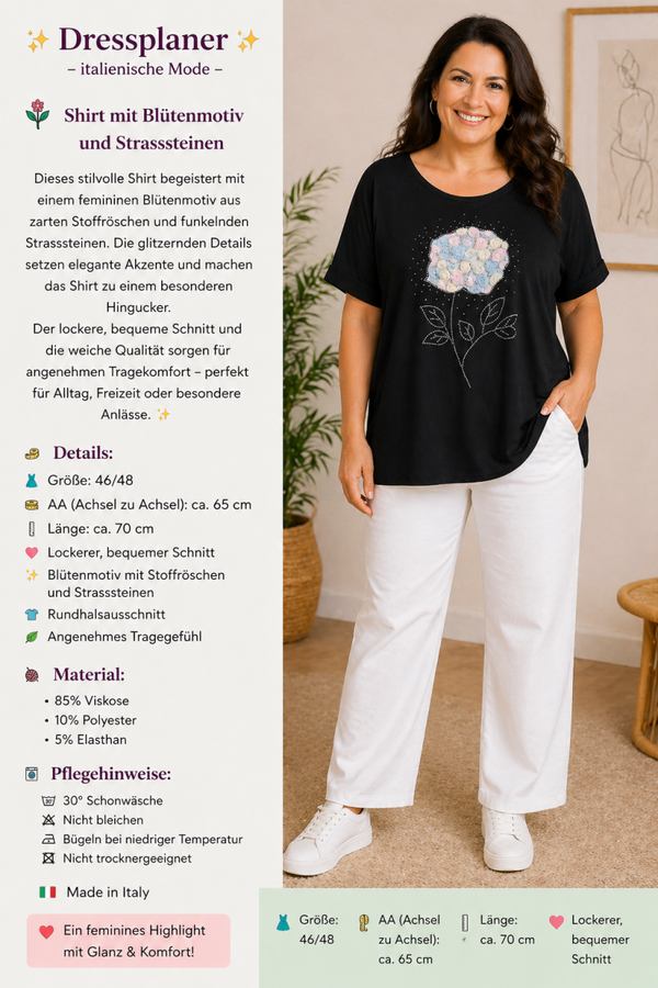 🌸 Shirt mit Blütenmotiv & Strass - Größe: 46/48