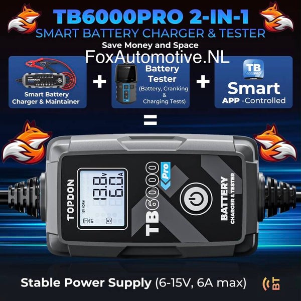 TOPDON TB6000Pro – slimme acculader én tester (6V/12V) met app