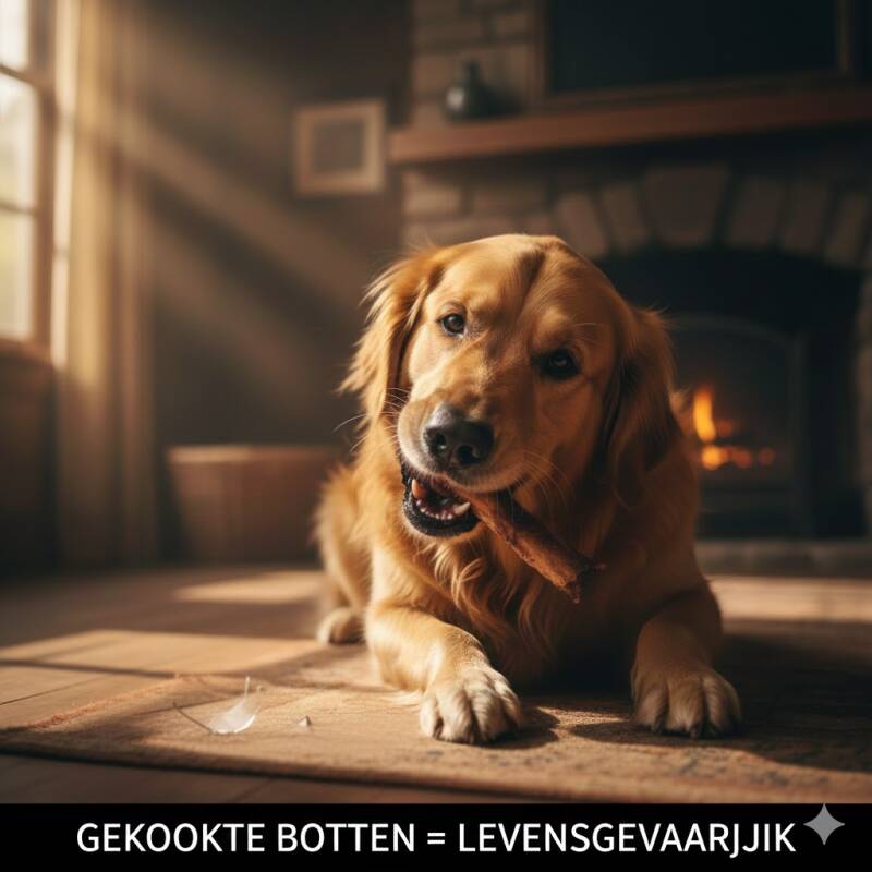 Scherpe splinters van een gekookt bot vergeleken met glasscherven, gevaarlijk voor honden.