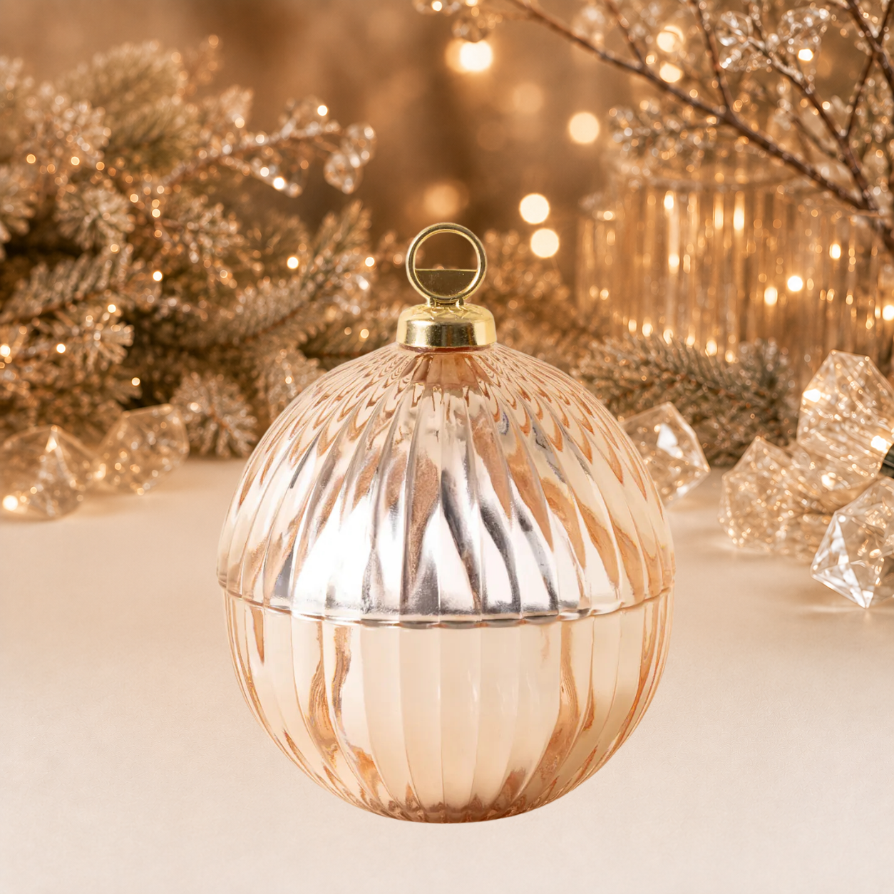 Luxe Glazen Kerstbalkaars met Houten Lont – Limited Edition – Roségoud