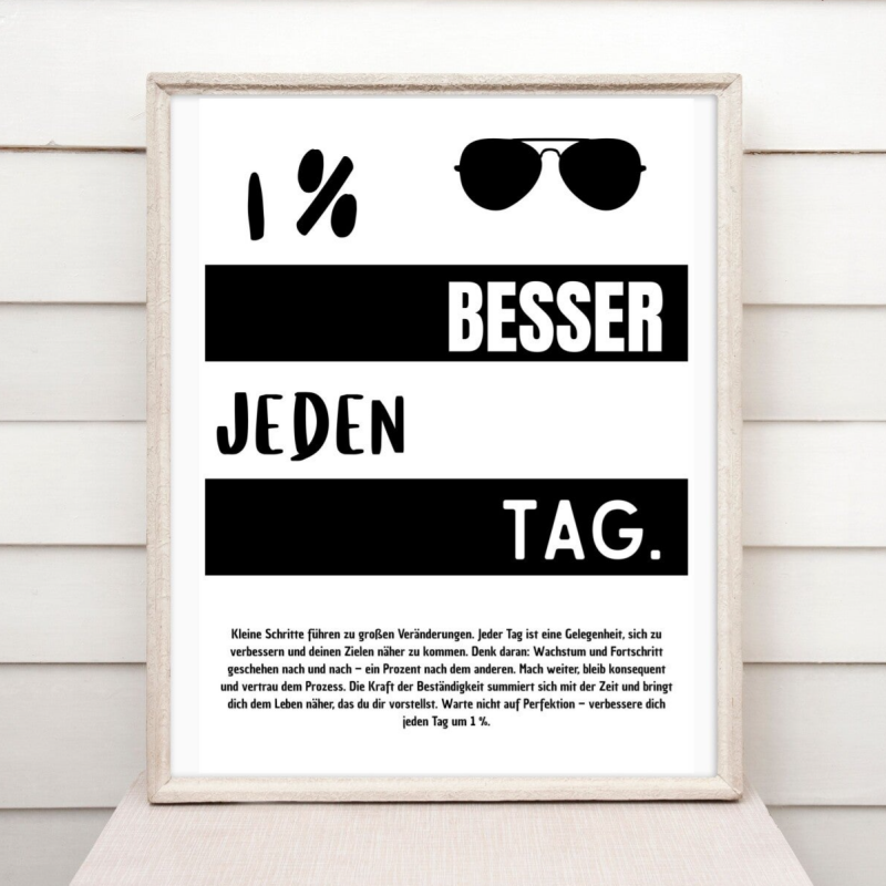 1 % besser jeden Tag! Motivationsposter Fitness Büro Business Projektteam Persönlichkeitsentwicklung Poster A4 | Geburtstagsgeschenk | Modernes Wandbild für Büro, Home Office & Wohnräume | Schnelle Druckvorlage Sofort-Download png-Datei