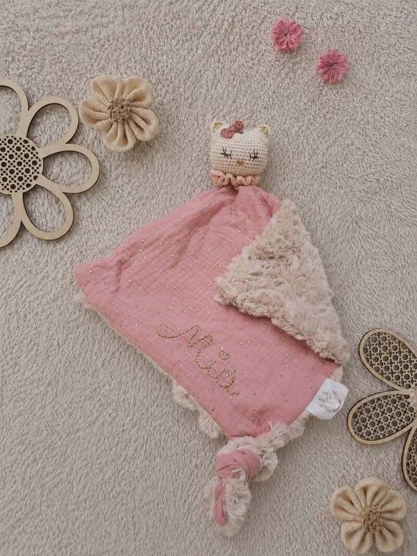 Sacha, mon doudou chat tissu rose à pois doré
