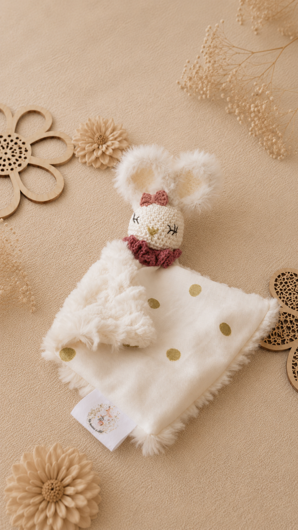 Mia, mon mini doudou lapin tissu pois doré