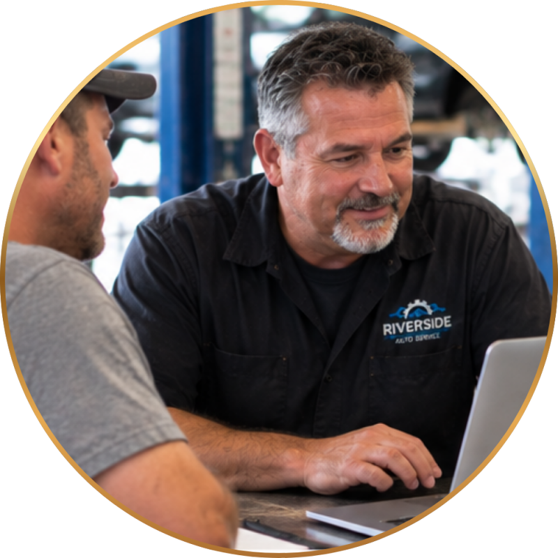 Auto repair shop owner helping a customer while using a laptop