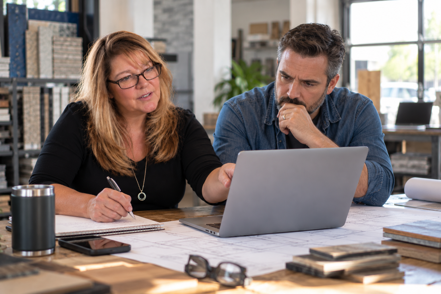 Small business owners reviewing business priorities together