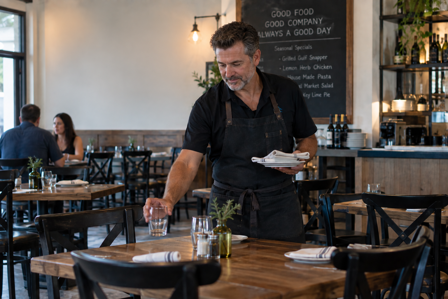 Local restaurant owner working during a quiet service period