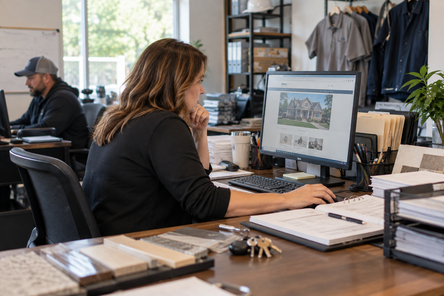 Small business owner reviewing a website on a desktop computer