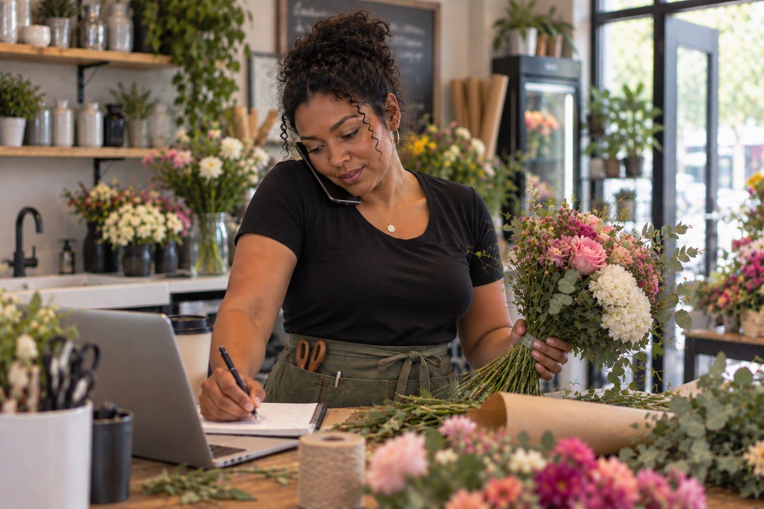 Flower shop owner planning work at her counter