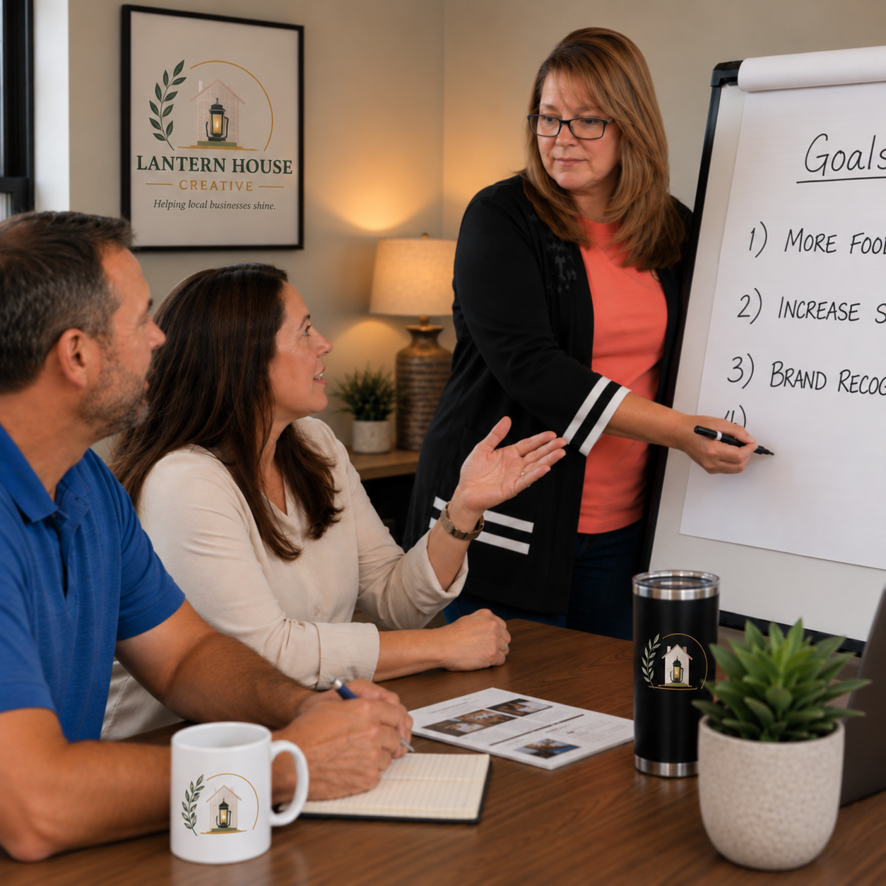 Small business owner discussing marketing strategy and growth priorities | Lantern House Creative