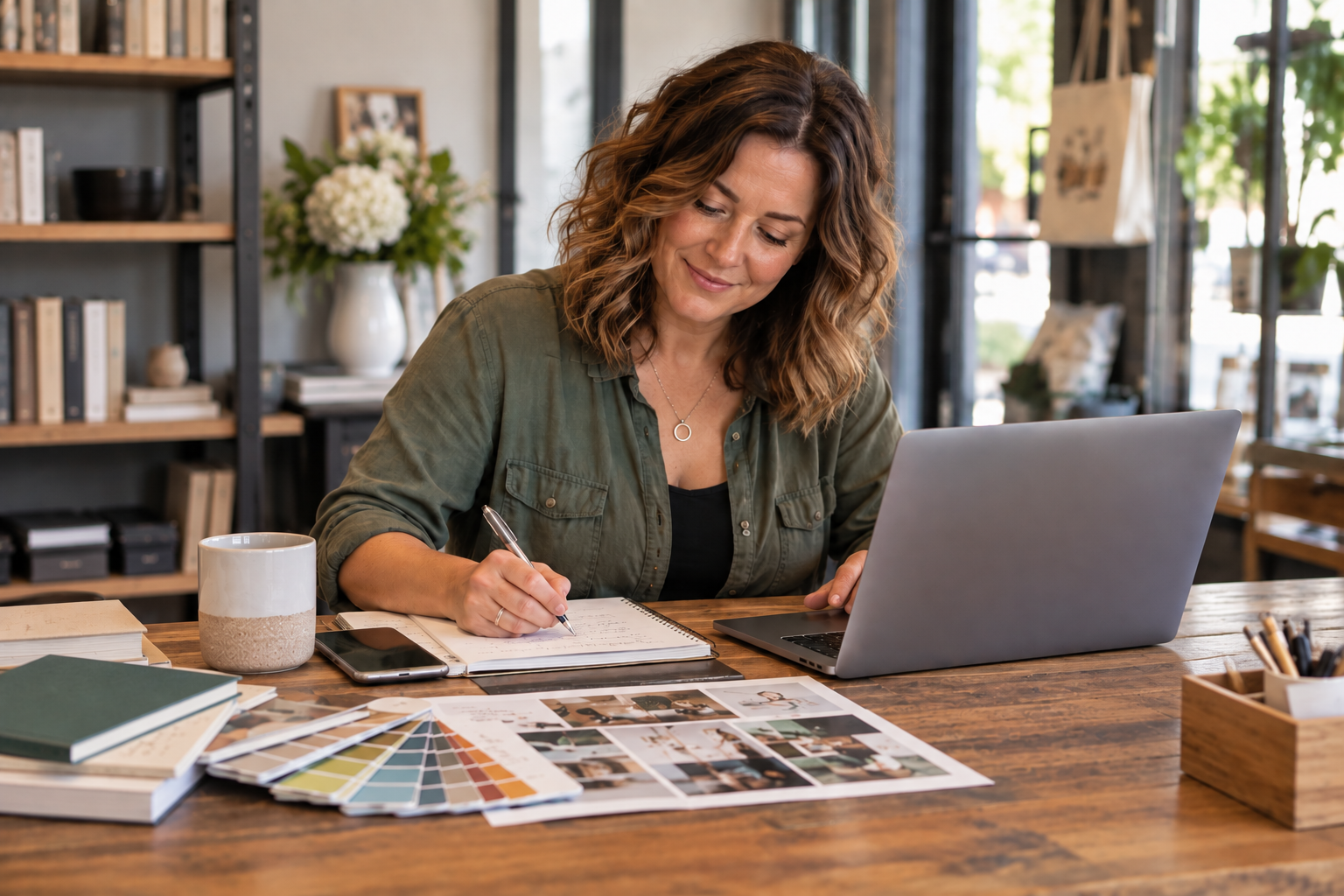 Small business owner working at a desk with creative materials and a laptop