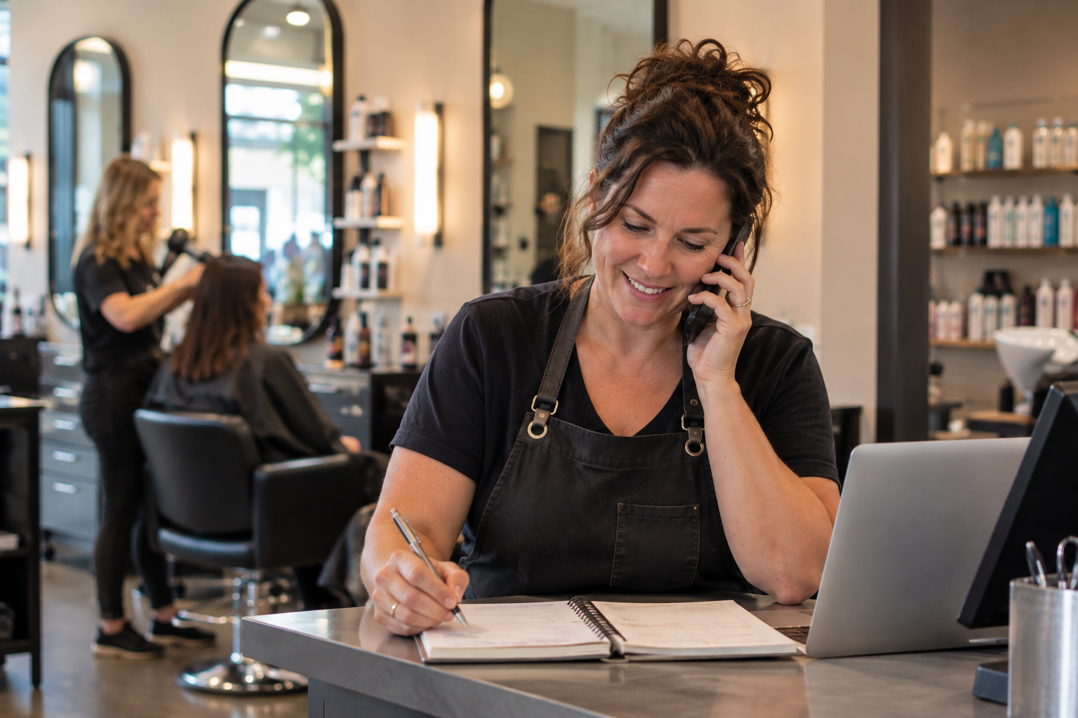 Hair salon owner taking a customer appointment by phone