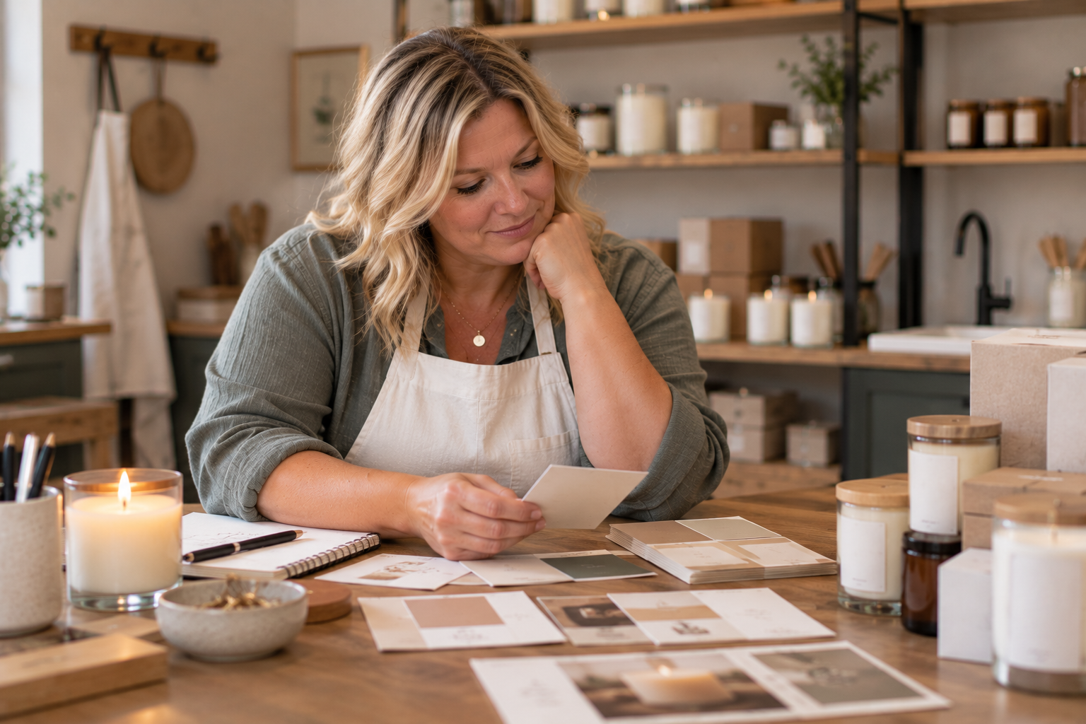 Candle shop owner reviewing updated branding and packaging materials