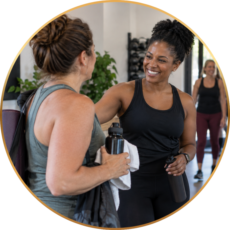 Fitness studio owner welcoming a returning client before a class