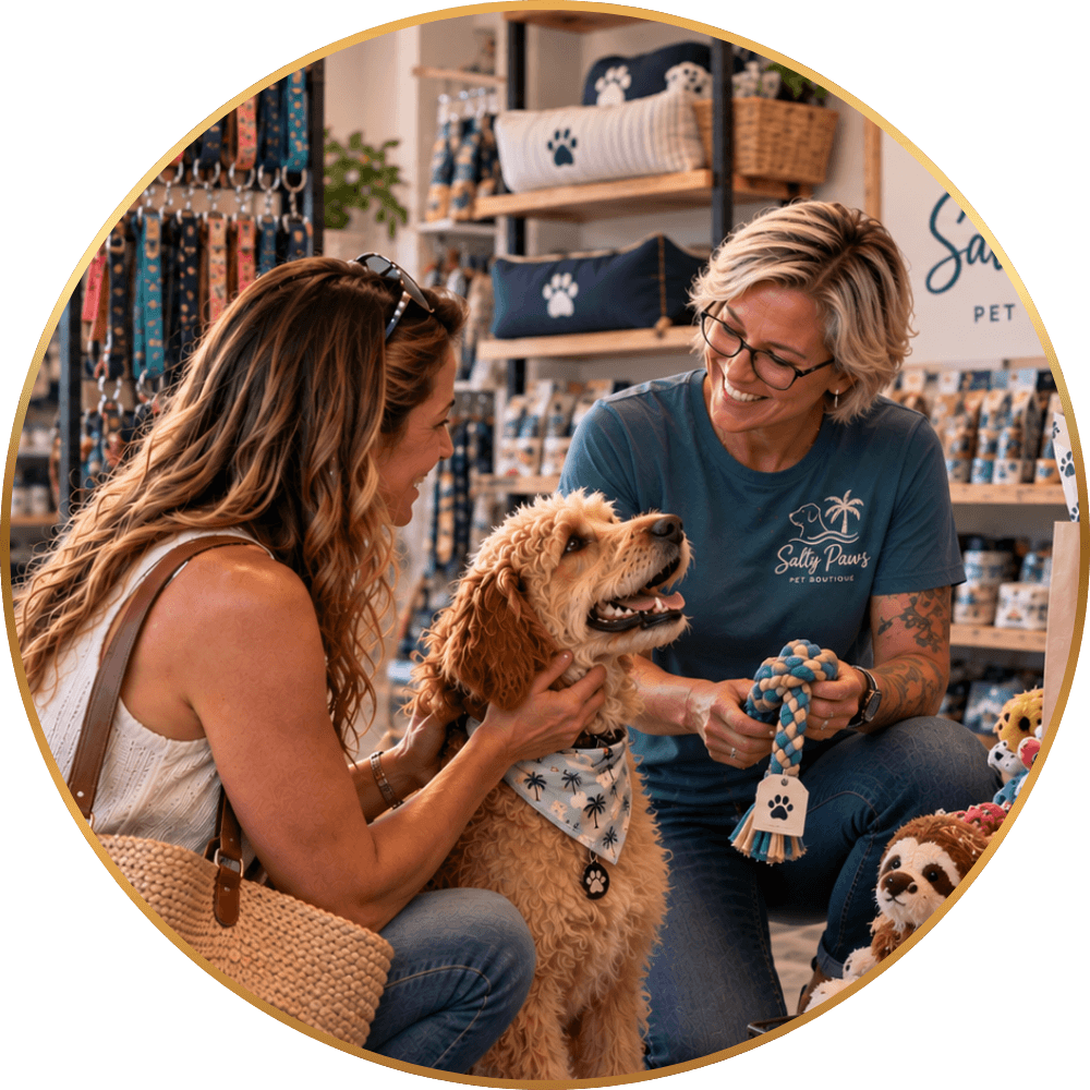 Pet store owner helping a customer and her dog
