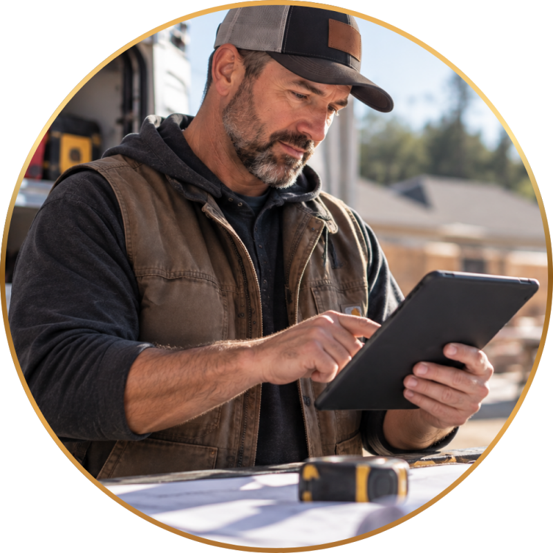 Small business owner using a tablet while working on a job site