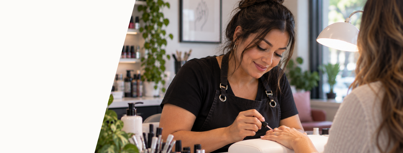 Nail salon owner serving a customer in her business