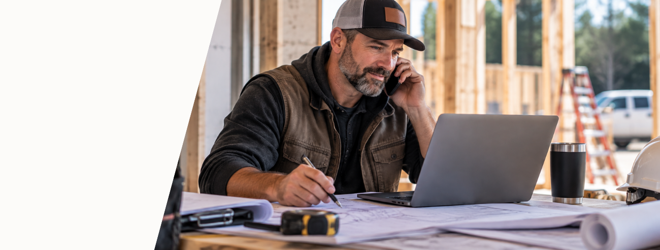 Small business owner managing marketing while working on a job site