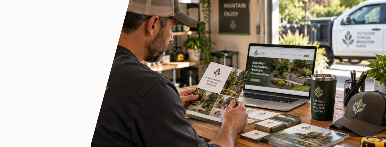 Landscaping business owner reviewing coordinated branded marketing materials
