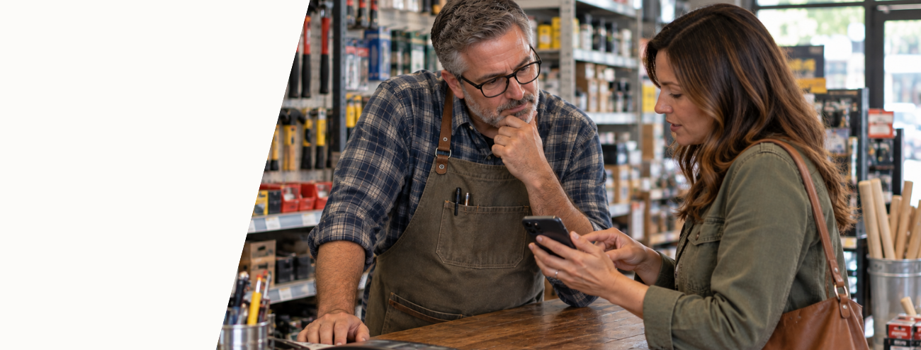 Small business owner showing a customer information on a phone