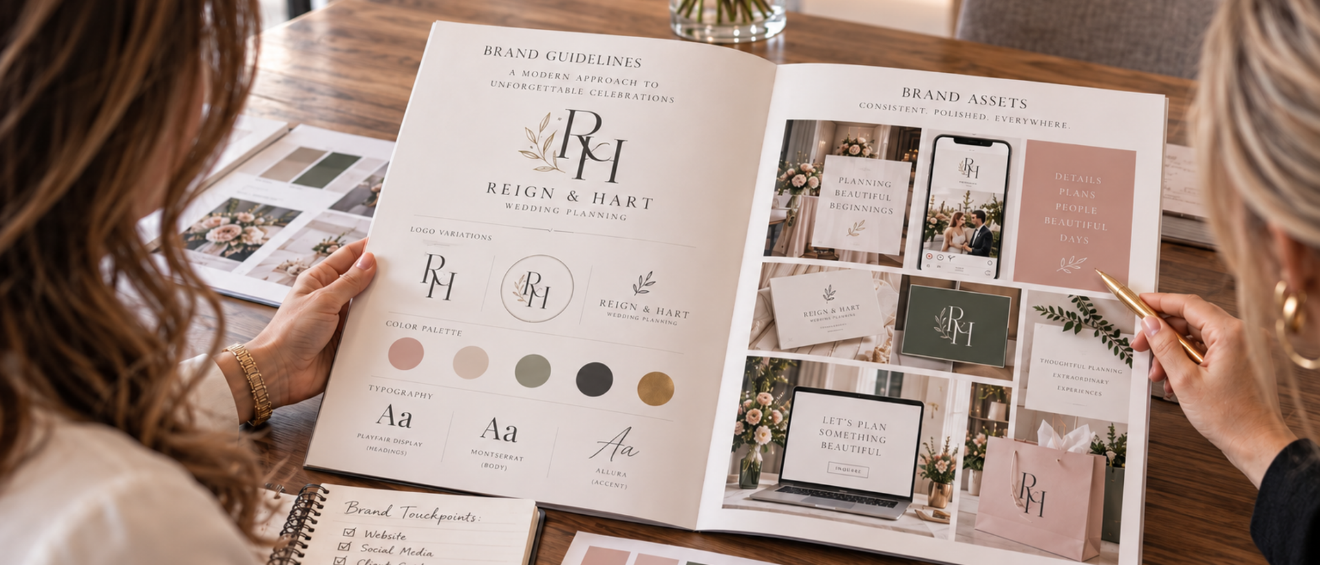 Logo and brand identity materials arranged for a small business