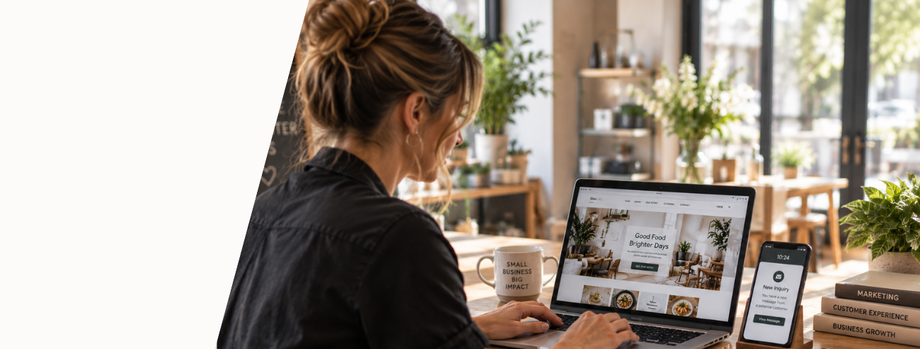 Small business owner managing a website and customer inquiry