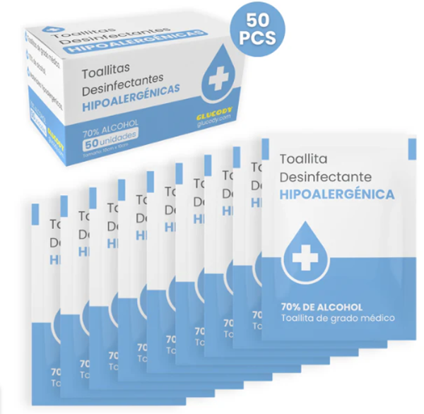 TOALLITAS DESINFECTANTES HIPOALERGÉNICAS (50 PCS) 70% ALC