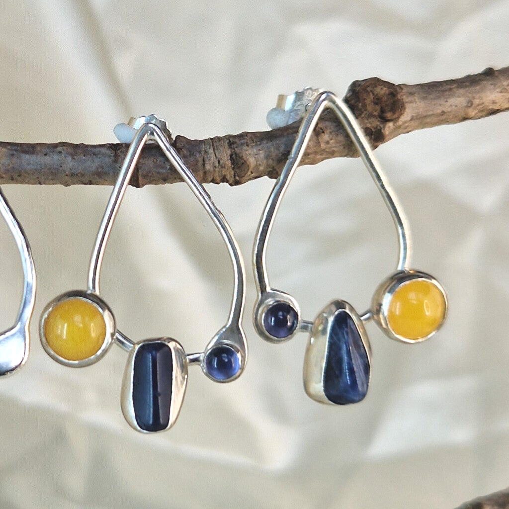 Zilver Line Drops Lapiz Lazuli, Gele Jade, Ioliet