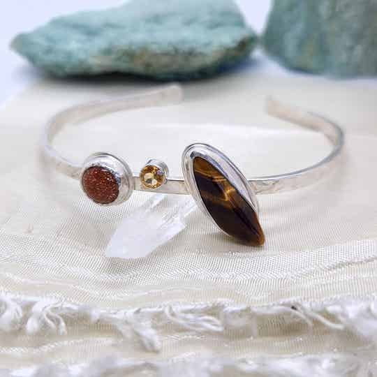 Zilver cuff armband Tijgeroog, Goudsteen, Citrien