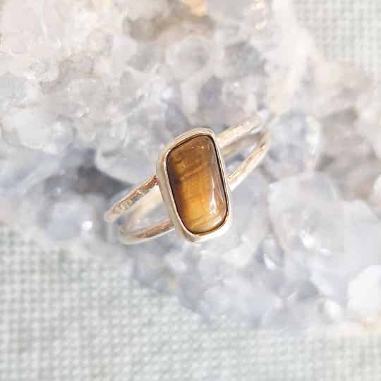Zilver double line ring Tijgeroog