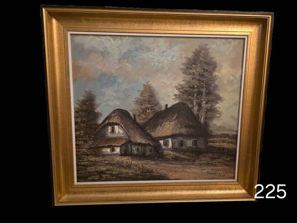 225) Olieverfschilderij borderijlandschap met rieten daken