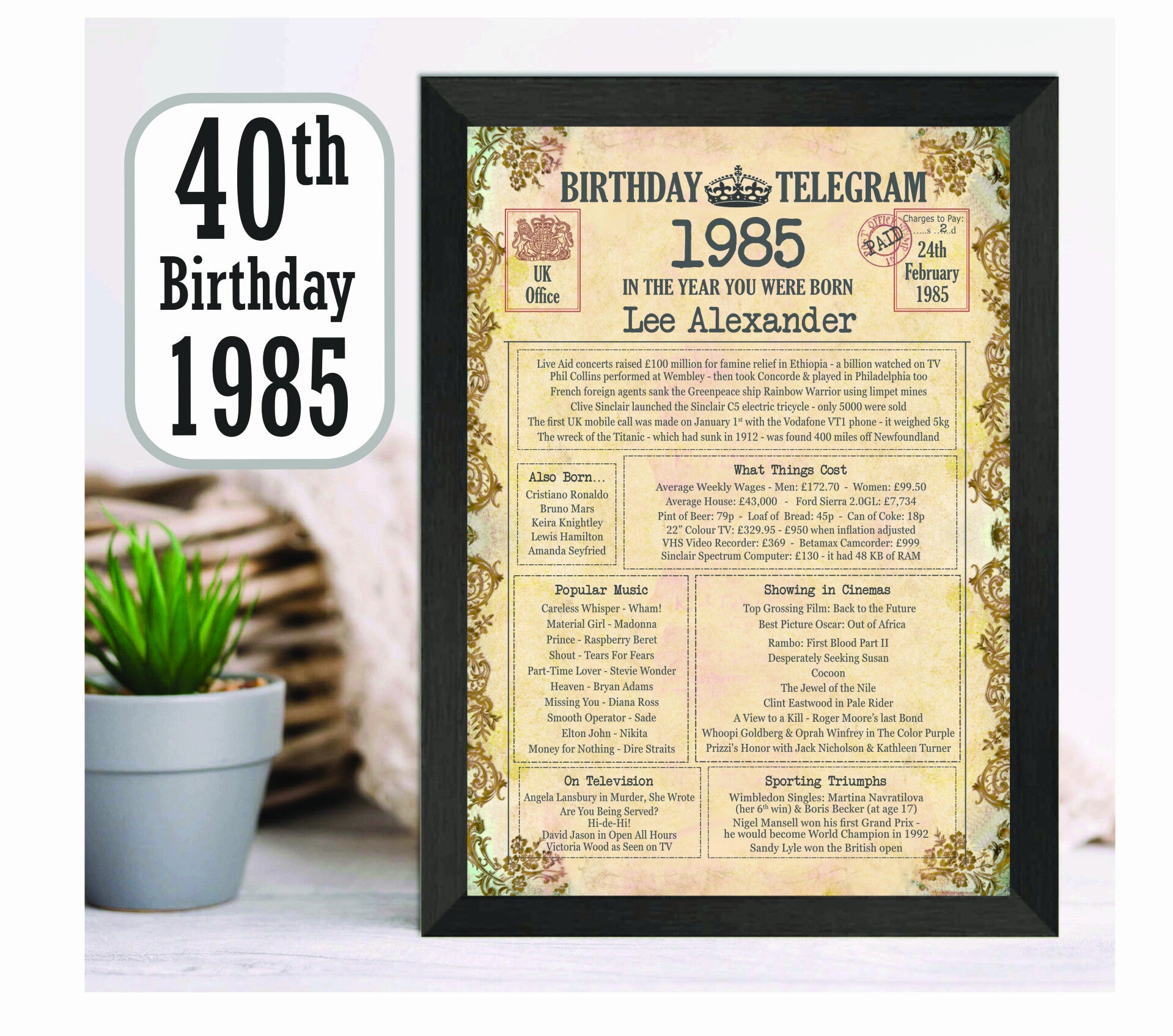 40th Birthday Certificate - Filigree Telegram