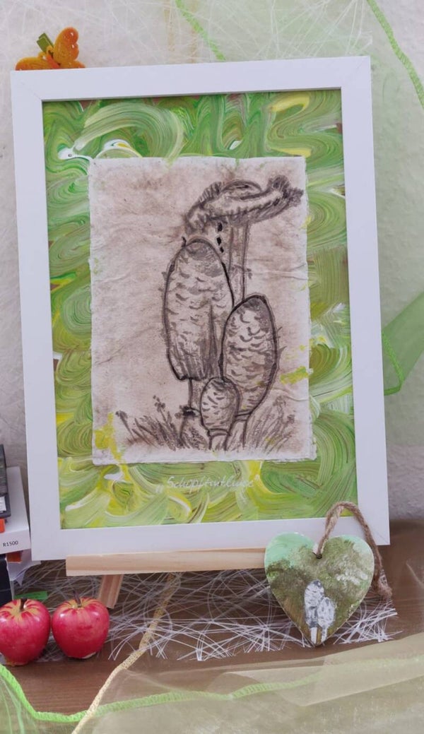 "Schopftintlinge" auf Pilzpapier gerahmt