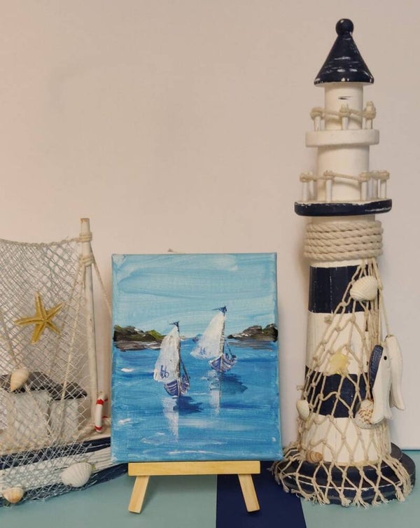 Segelboote an der Küste, kleine Leinwand