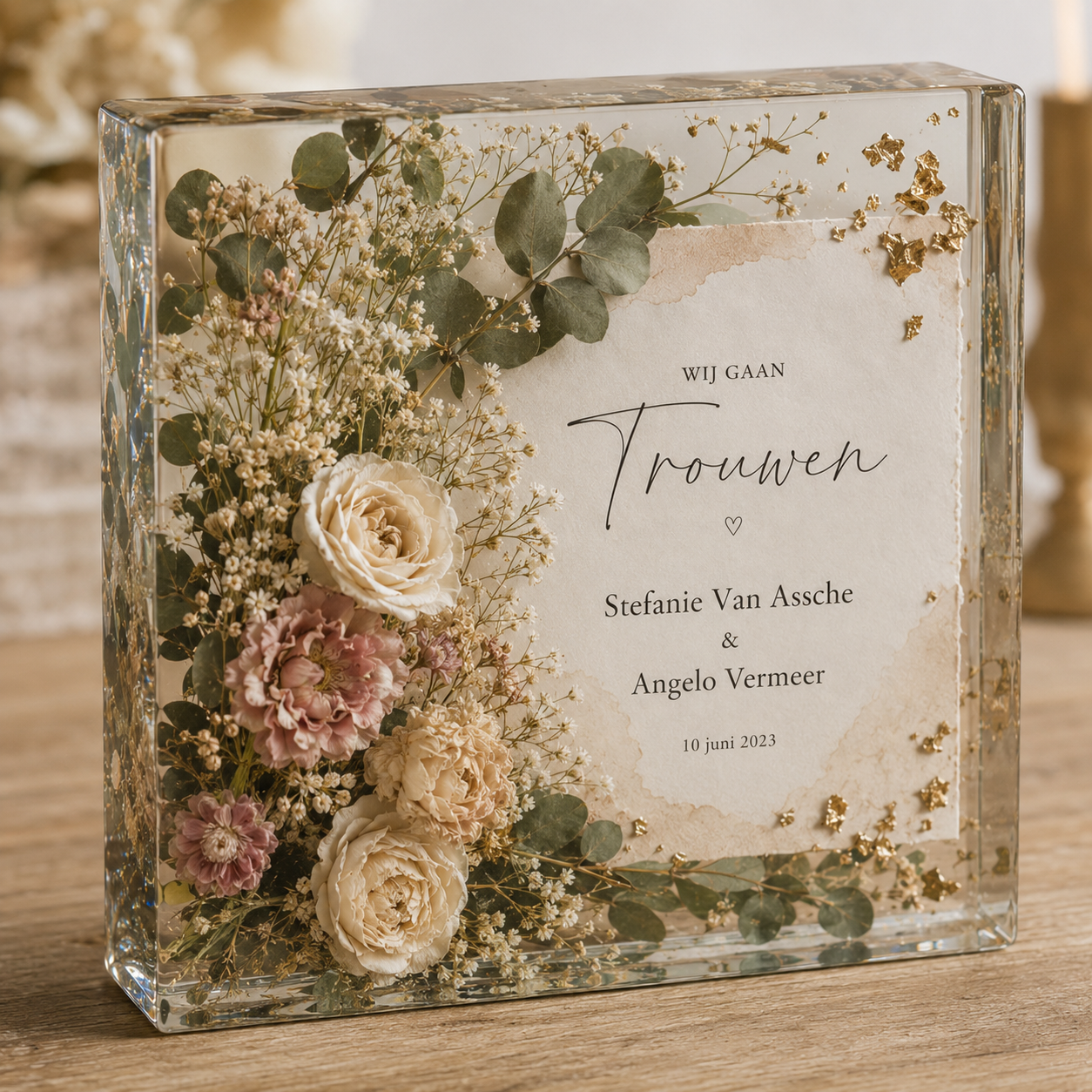 Epoxy herinneringsblok met bloemen & tekst