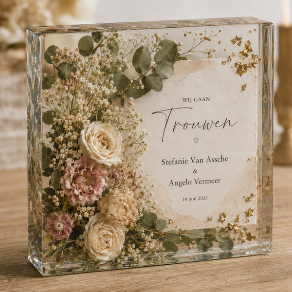 Epoxy herinneringsblok met bloemen & tekst