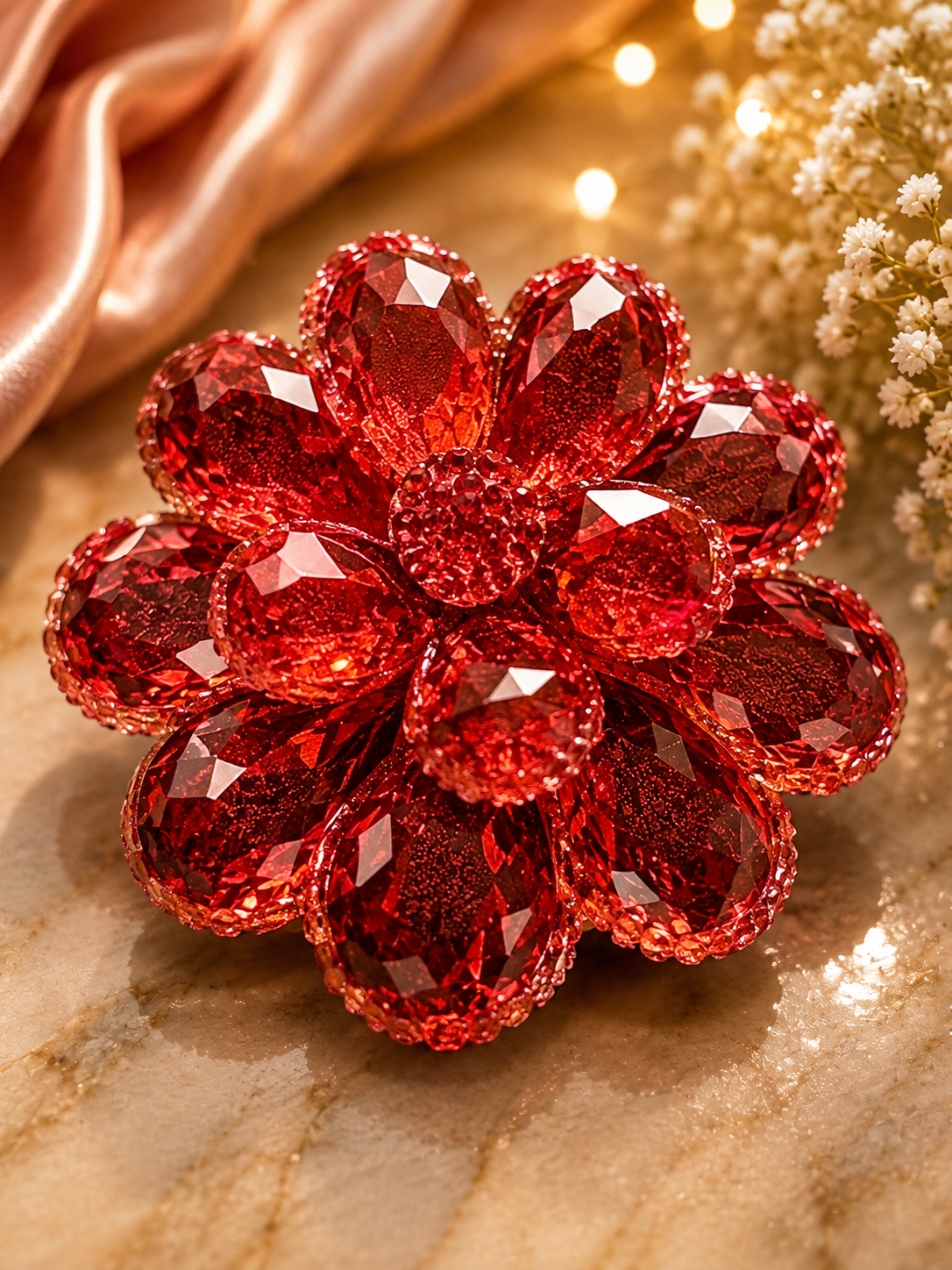 Ruby Faceted Flower Decorative Brooch & Statement Pin