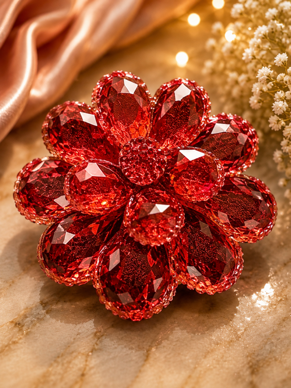 Ruby Faceted Flower Decorative Brooch & Statement Pin