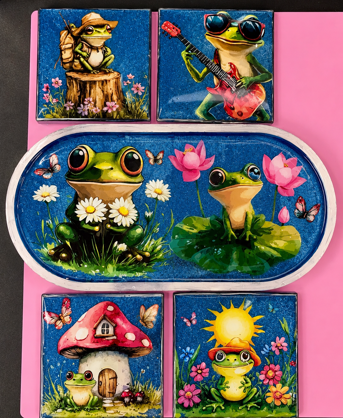Frog Resin Tray & Coaster Set – Whimsical Home Décor Gift