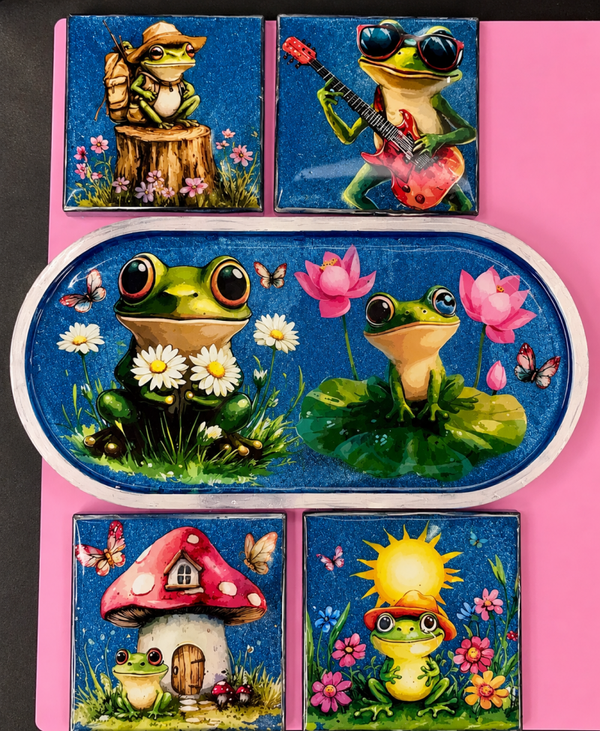 Frog Resin Tray & Coaster Set – Whimsical Home Décor Gift