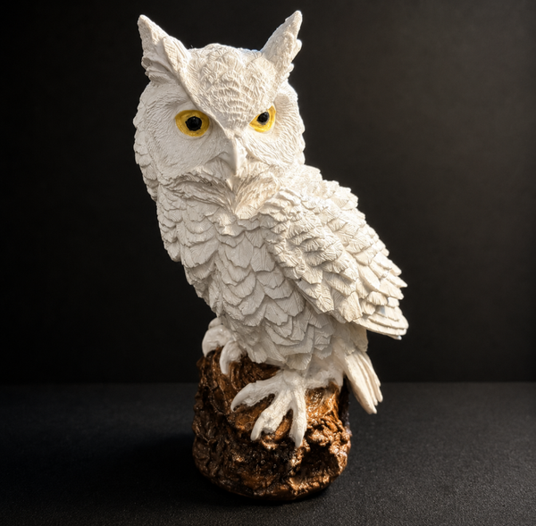 Handcrafted White Owl Figurine - Resin Crete - Hand Painted - Sealed