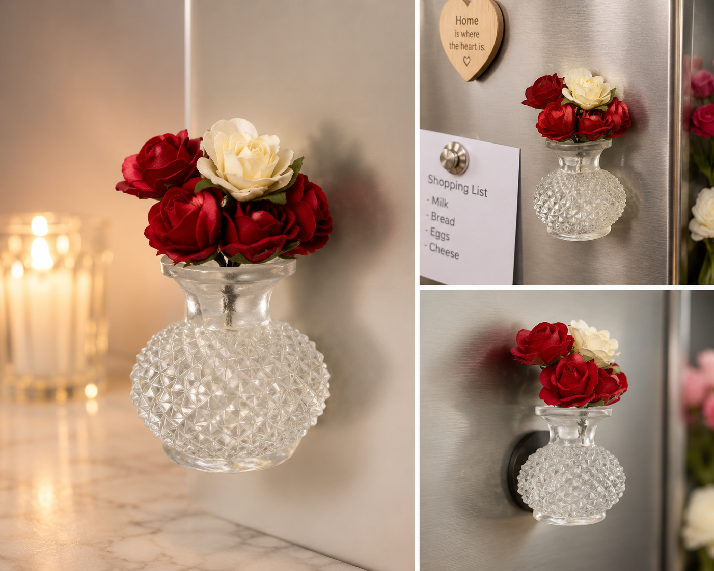 Clear Glass-Style Mini Vase Magnet with Faux Roses