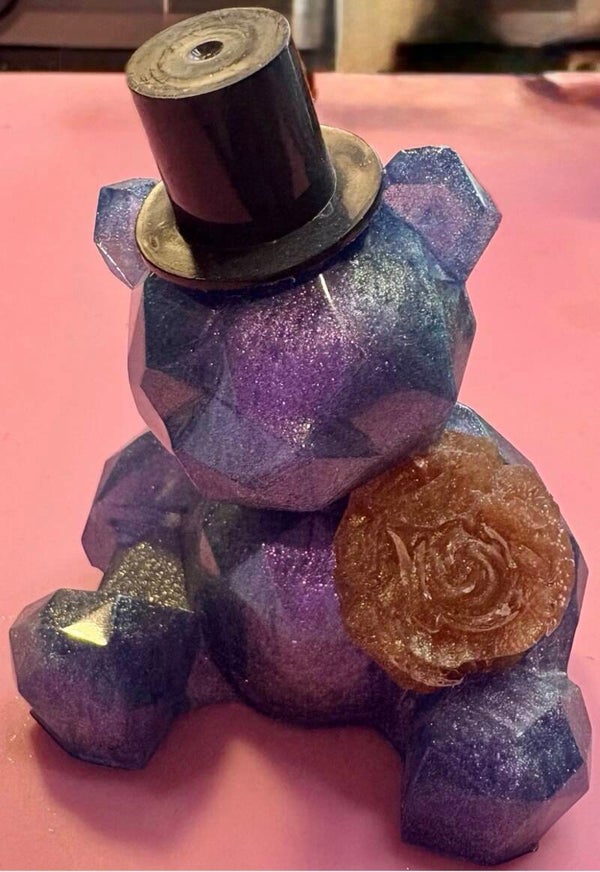 Holographic Bear Resin Ornament with Top Hat & Flower