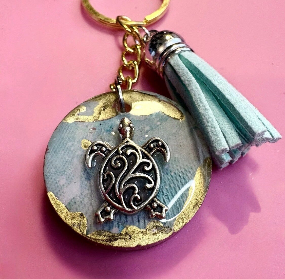 Ocean Turtle Resin Keyring with Tassel – Handmade Gift