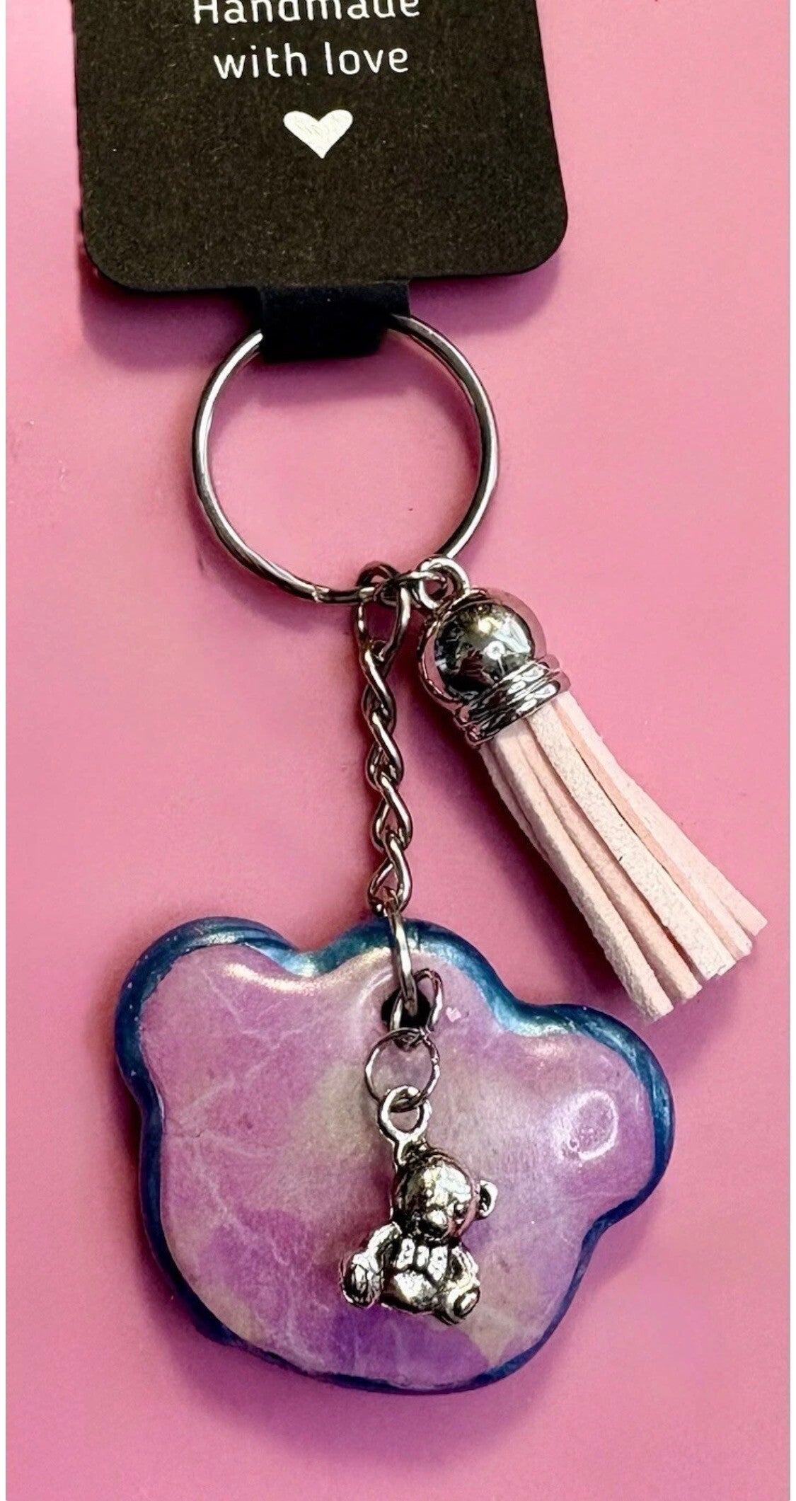 Bear Resin Keyring with Charm & Tassel – Handmade Gift