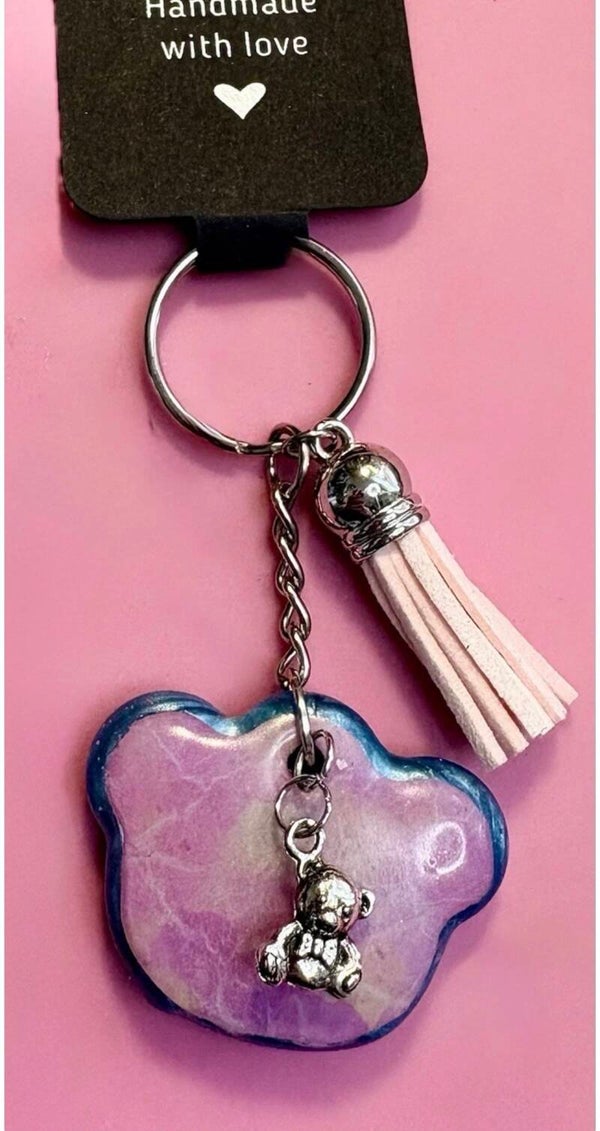 Bear Resin Keyring with Charm & Tassel – Handmade Gift