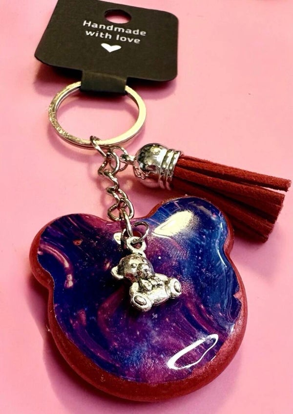 Ruby Bear Resin Keyring with Charm & Tassel – Handmade Gift