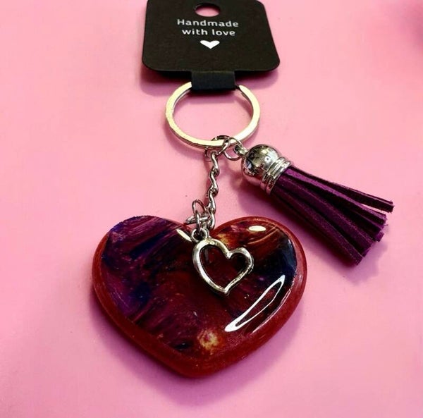 Red Heart Resin Keyring with Charm & Tassel – Handmade Gift