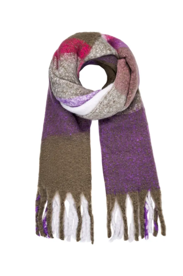 Warme wintersjaal khaki/paars/fushia
