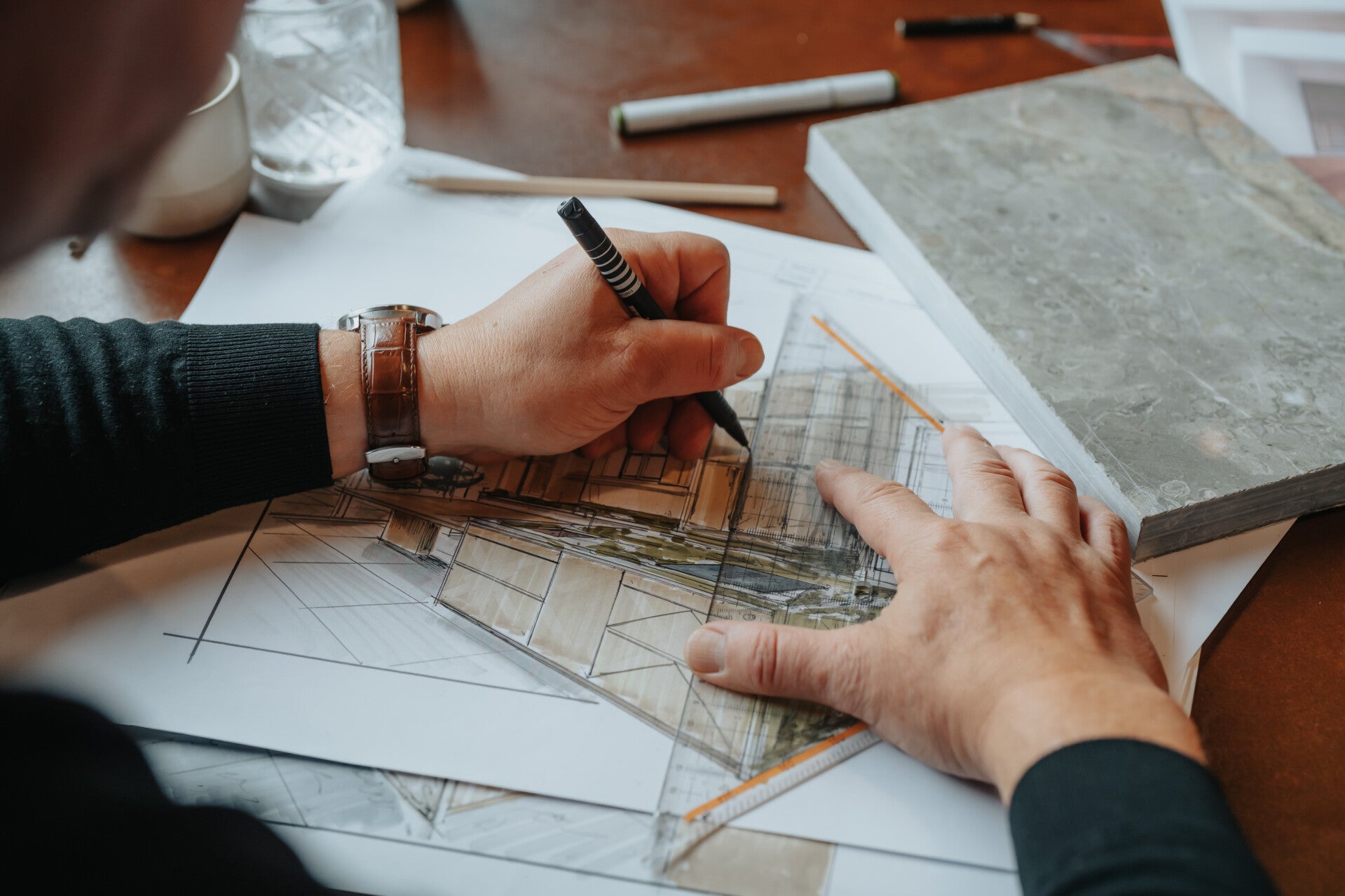 handschets van een keuken getekend door Guy De Busser interieurvormgever